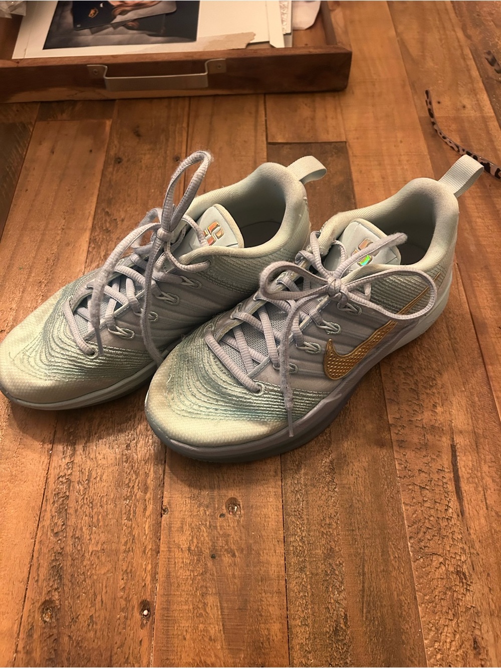 Nike Women's Light Blue Sneakers with Gold Swoosh